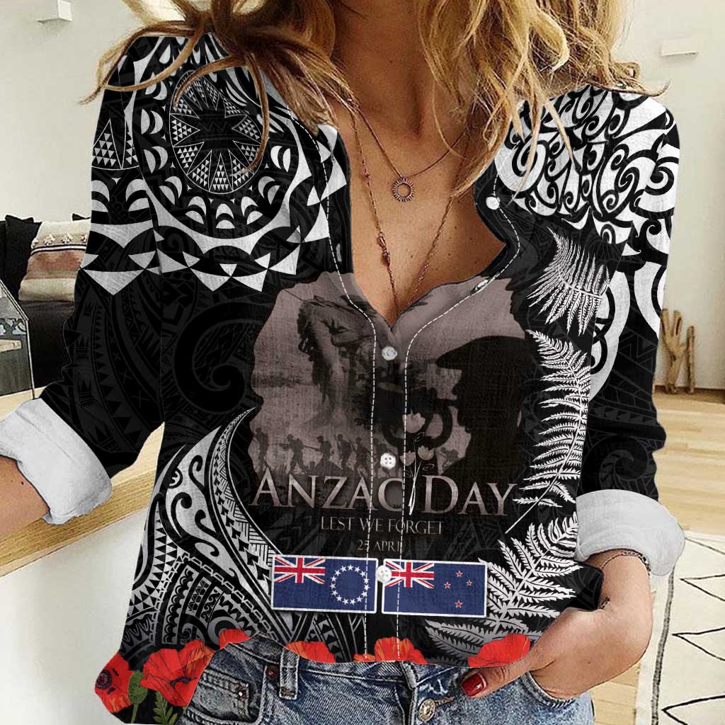 New Zealand and Cook Islands ANZAC Day Women Casual Shirt Gallipoli Lest We Forget Tatau Art Tribal and Maori Tattoo with Fern