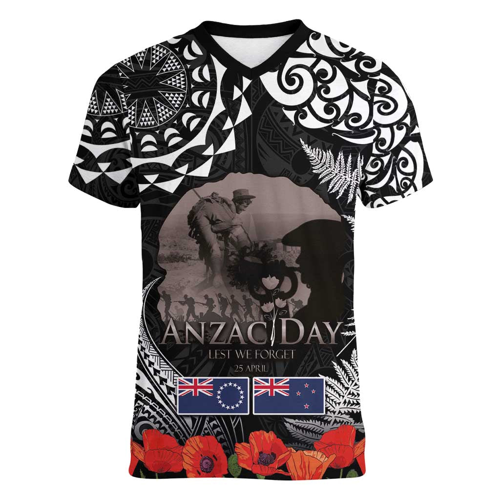 New Zealand and Cook Islands ANZAC Day Women V-Neck T-Shirt Gallipoli Lest We Forget Tatau Art Tribal and Maori Tattoo with Fern