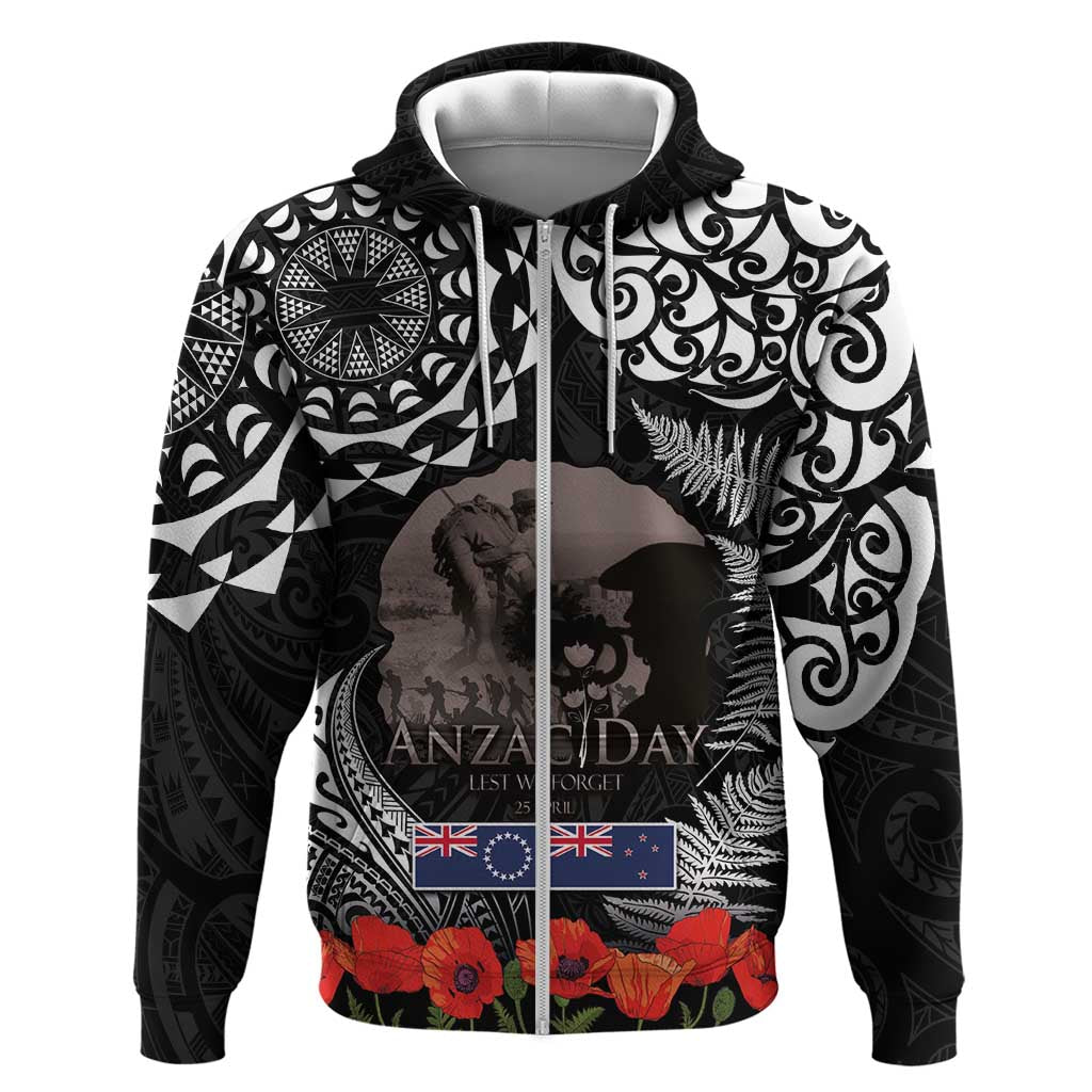 New Zealand and Cook Islands ANZAC Day Zip Hoodie Gallipoli Lest We Forget Tatau Art Tribal and Maori Tattoo with Fern