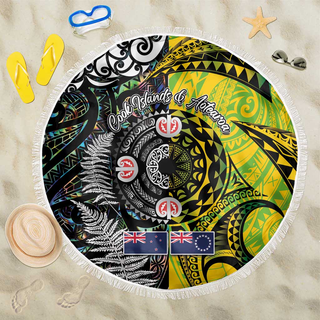 New Zealand and Cook Islands Together Beach Blanket Tatau Art Tribal Pattern-Maori Tattoo with Fern and Paua Shell