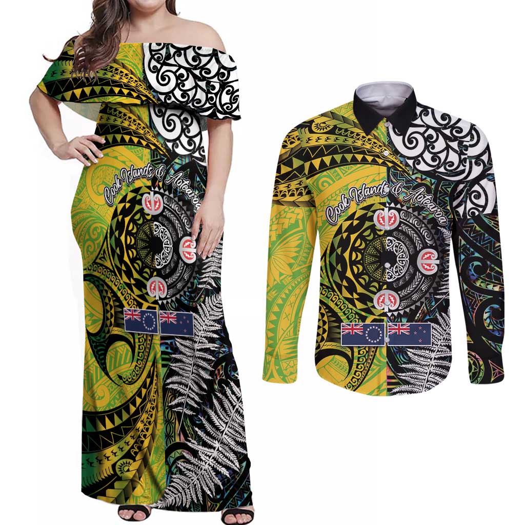 New Zealand and Cook Islands Together Couples Matching Off Shoulder Maxi Dress and Long Sleeve Button Shirt Tatau Art Tribal Pattern-Maori Tattoo with Fern and Paua Shell LT03 Art - Polynesian Pride
