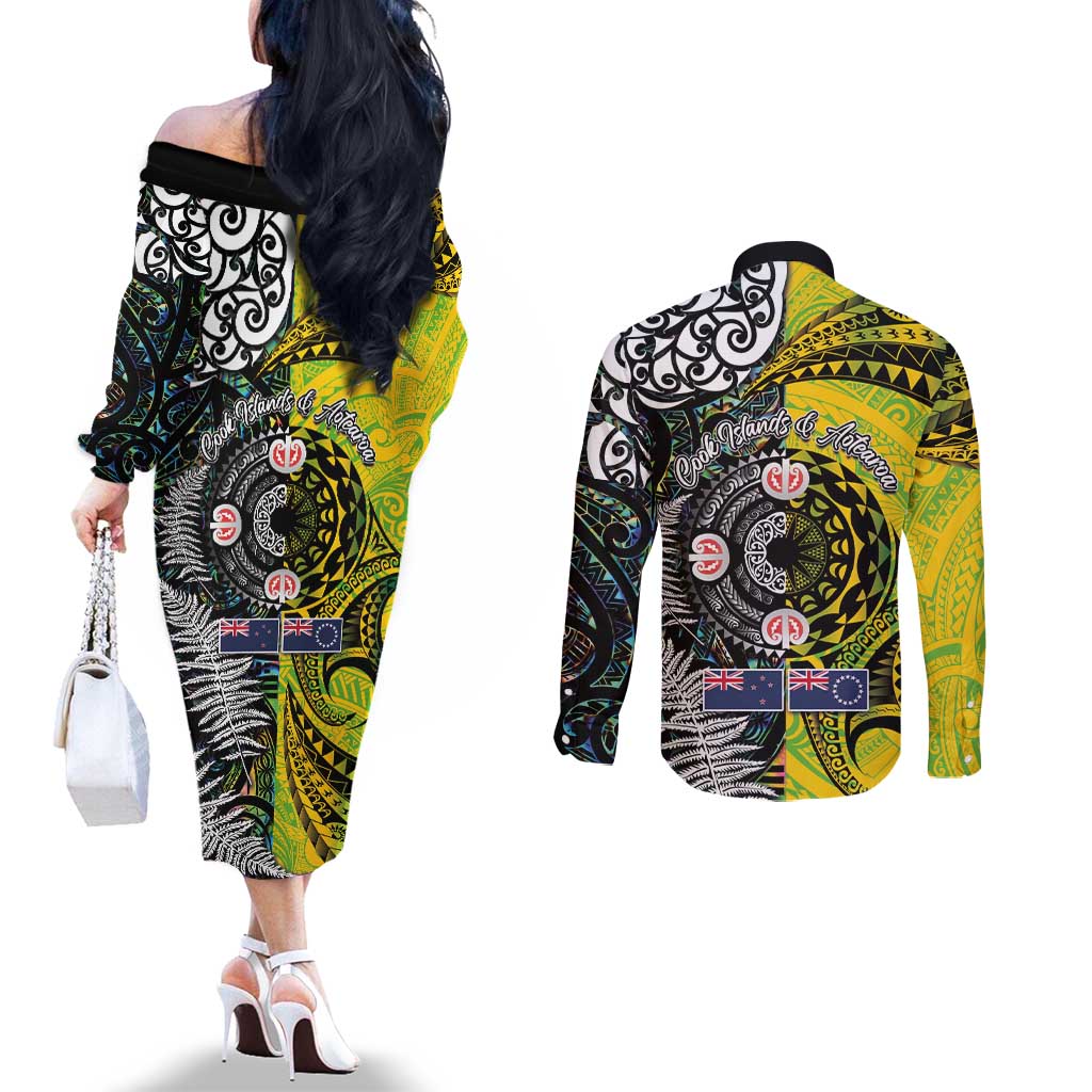 New Zealand and Cook Islands Together Couples Matching Off The Shoulder Long Sleeve Dress and Long Sleeve Button Shirt Tatau Art Tribal Pattern-Maori Tattoo with Fern and Paua Shell