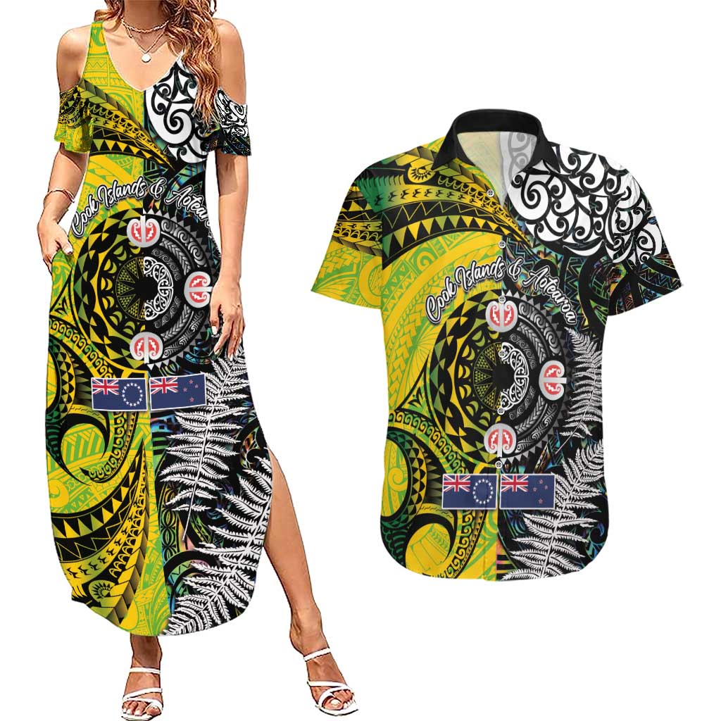 New Zealand and Cook Islands Together Couples Matching Summer Maxi Dress and Hawaiian Shirt Tatau Art Tribal Pattern-Maori Tattoo with Fern and Paua Shell LT03 Art - Polynesian Pride