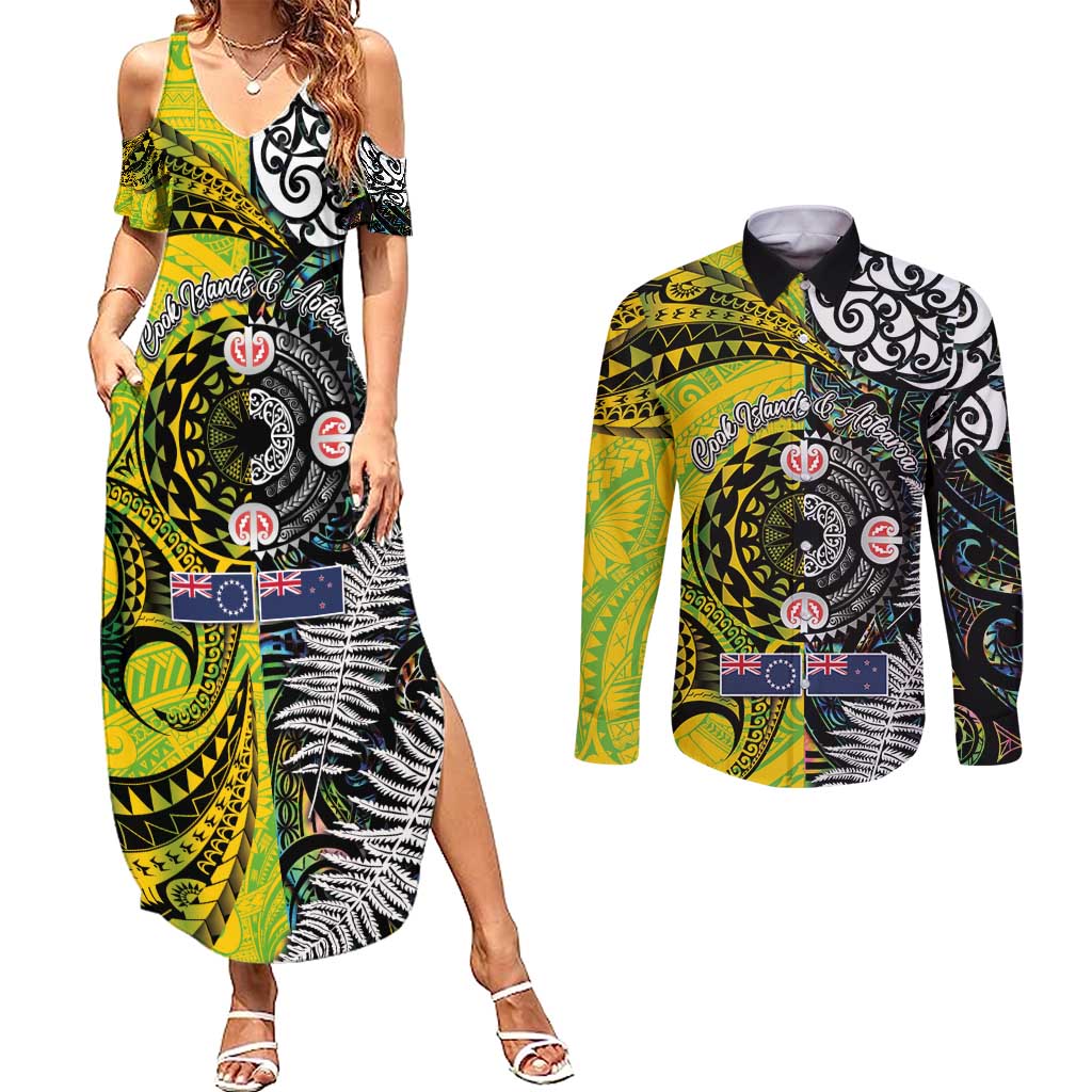 New Zealand and Cook Islands Together Couples Matching Summer Maxi Dress and Long Sleeve Button Shirt Tatau Art Tribal Pattern-Maori Tattoo with Fern and Paua Shell LT03 Art - Polynesian Pride