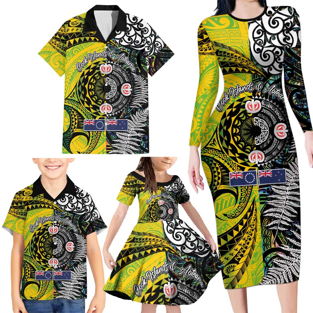 New Zealand and Cook Islands Together Family Matching Long Sleeve Bodycon Dress and Hawaiian Shirt Tatau Art Tribal Pattern-Maori Tattoo with Fern and Paua Shell