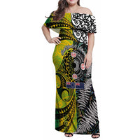 New Zealand and Cook Islands Together Family Matching Off Shoulder Maxi Dress and Hawaiian Shirt Tatau Art Tribal Pattern-Maori Tattoo with Fern and Paua Shell