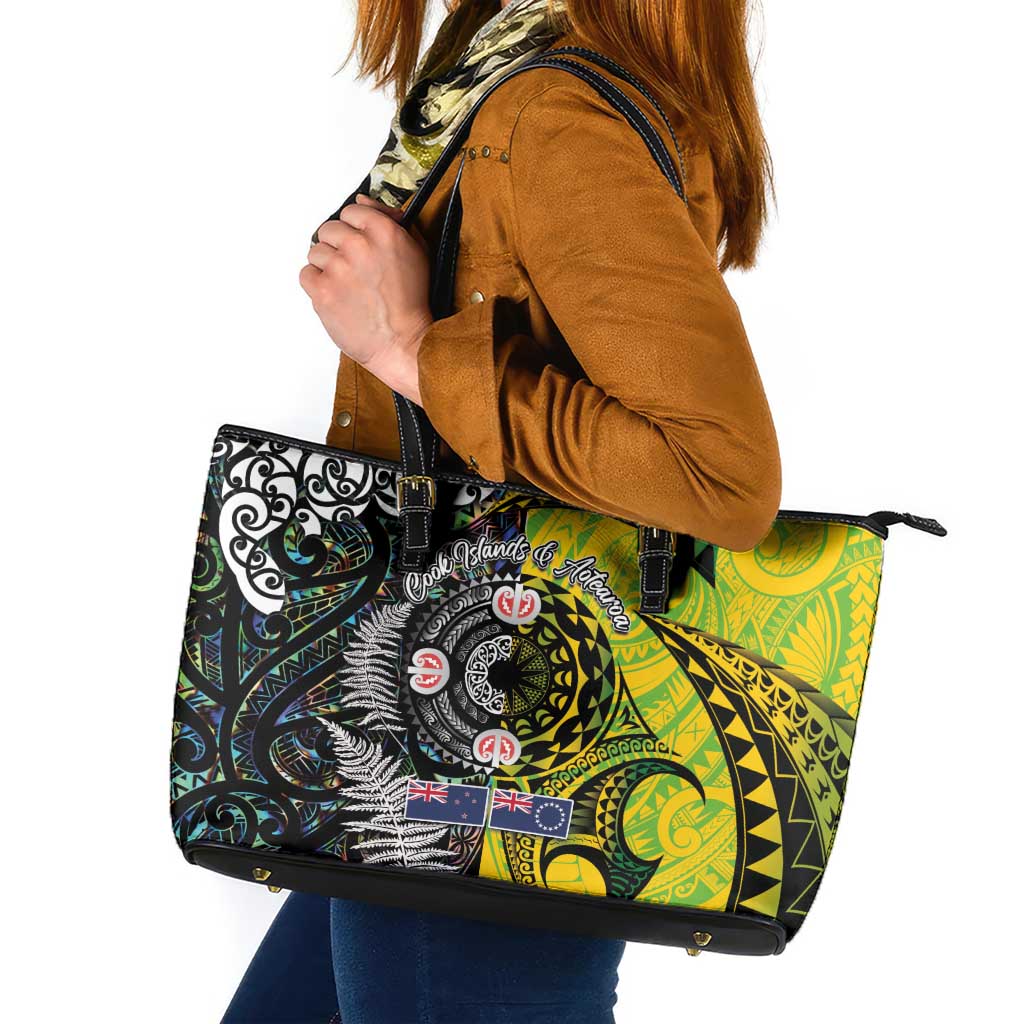 New Zealand and Cook Islands Together Leather Tote Bag Tatau Art Tribal Pattern-Maori Tattoo with Fern and Paua Shell