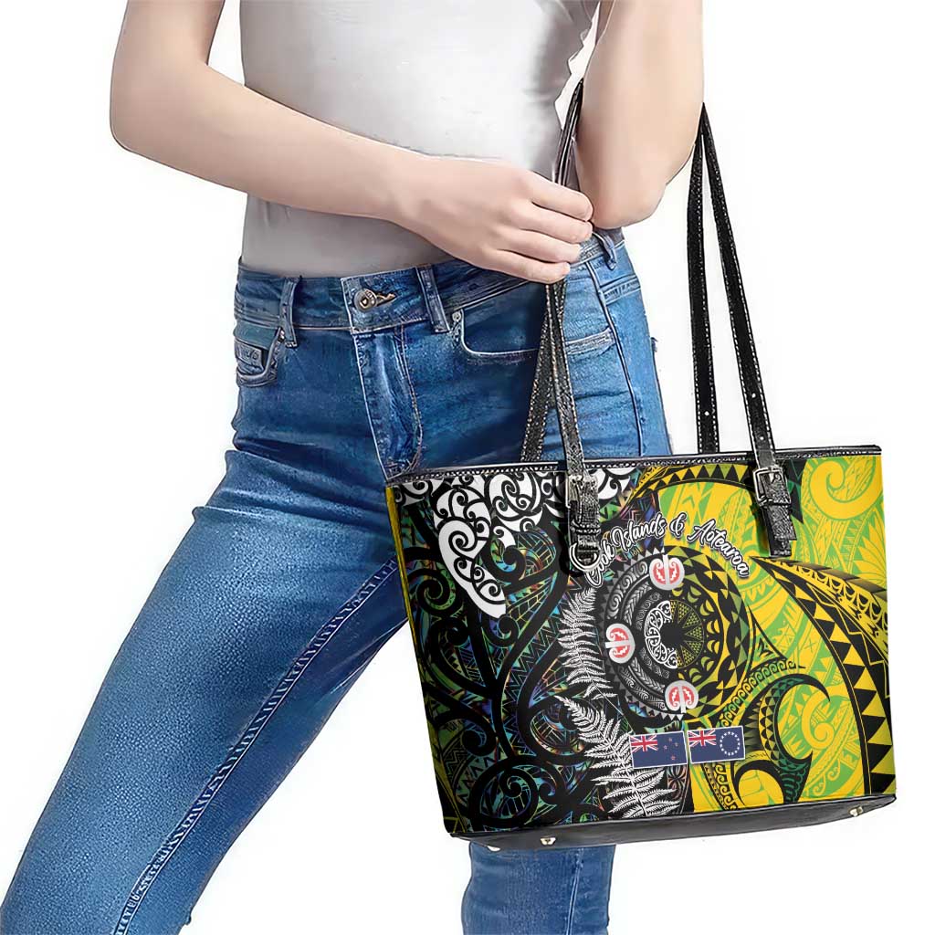 New Zealand and Cook Islands Together Leather Tote Bag Tatau Art Tribal Pattern-Maori Tattoo with Fern and Paua Shell