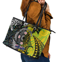 New Zealand and Cook Islands Together Leather Tote Bag Tatau Art Tribal Pattern-Maori Tattoo with Fern and Paua Shell
