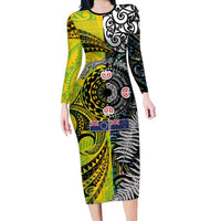 New Zealand and Cook Islands Together Long Sleeve Bodycon Dress Tatau Art Tribal Pattern-Maori Tattoo with Fern and Paua Shell