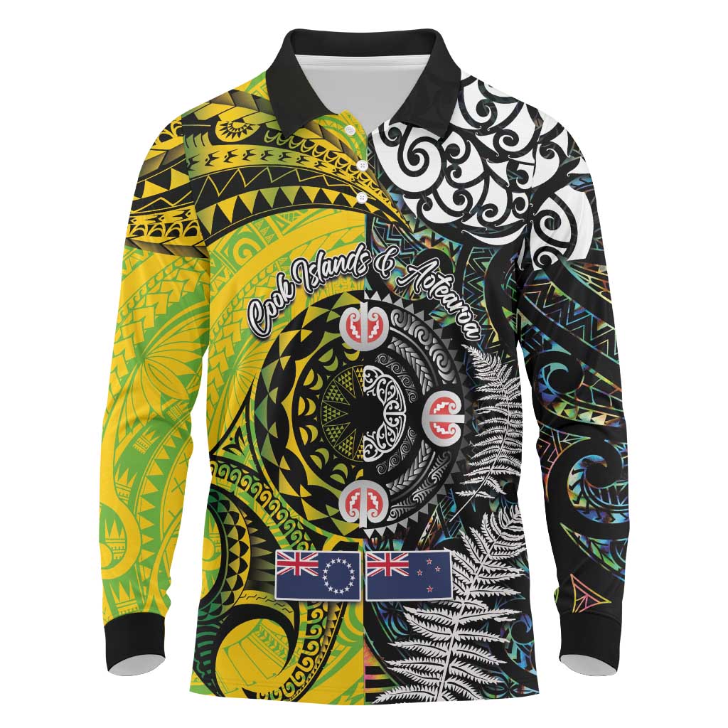 New Zealand and Cook Islands Together Long Sleeve Polo Shirt Tatau Art Tribal Pattern-Maori Tattoo with Fern and Paua Shell
