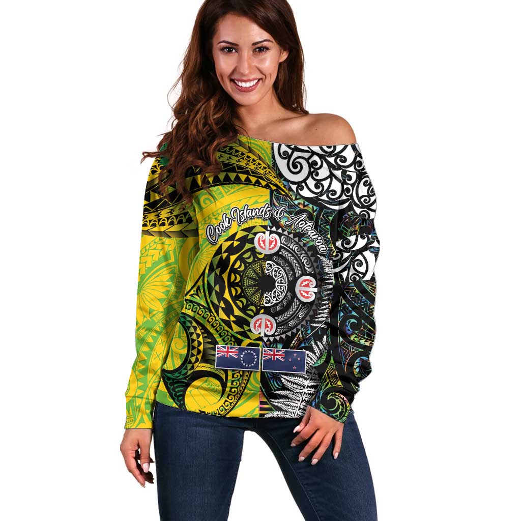 New Zealand and Cook Islands Together Off Shoulder Sweater Tatau Art Tribal Pattern-Maori Tattoo with Fern and Paua Shell