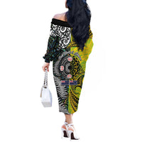 New Zealand and Cook Islands Together Off The Shoulder Long Sleeve Dress Tatau Art Tribal Pattern-Maori Tattoo with Fern and Paua Shell