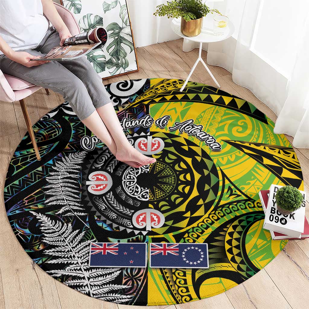 New Zealand and Cook Islands Together Round Carpet Tatau Art Tribal Pattern-Maori Tattoo with Fern and Paua Shell
