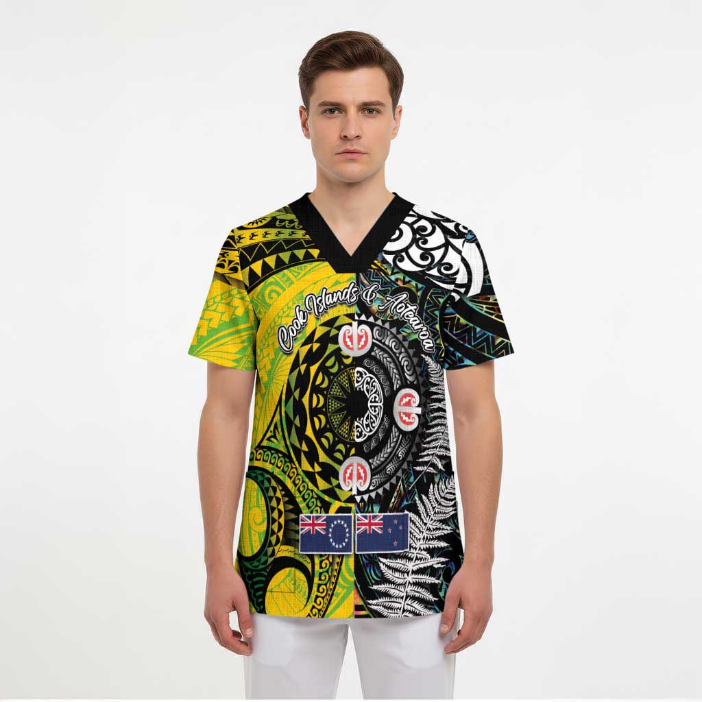 New Zealand and Cook Islands Together Scrub Top Tatau Art Tribal Pattern-Maori Tattoo with Fern and Paua Shell - Polynesian Pride