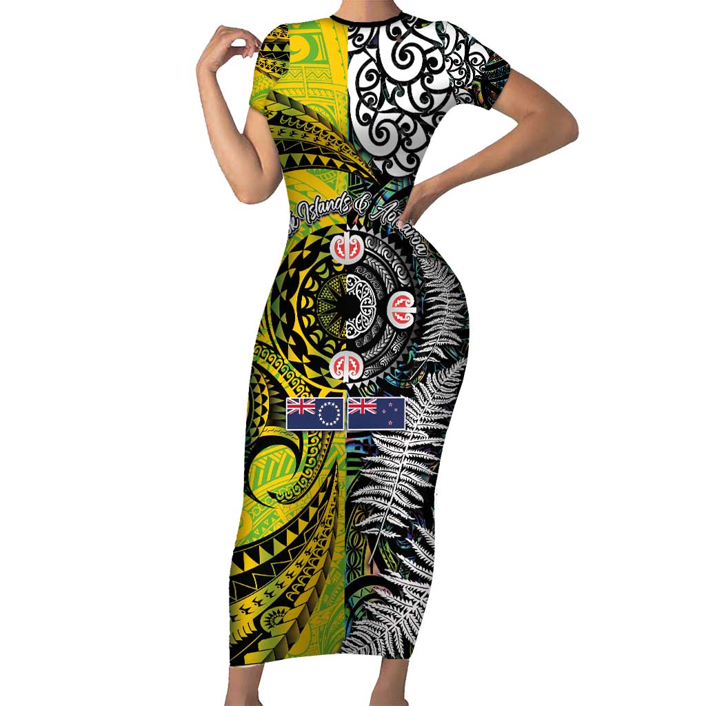 New Zealand and Cook Islands Together Short Sleeve Bodycon Dress Tatau Art Tribal Pattern-Maori Tattoo with Fern and Paua Shell