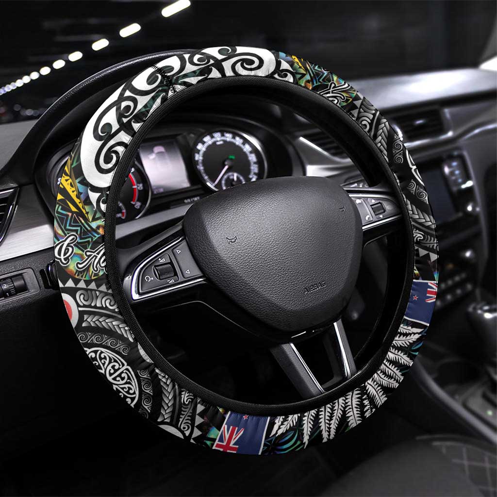 New Zealand and Cook Islands Together Steering Wheel Cover Tatau Art Tribal Pattern-Maori Tattoo with Fern and Paua Shell LT03 Universal Fit Art - Polynesian Pride