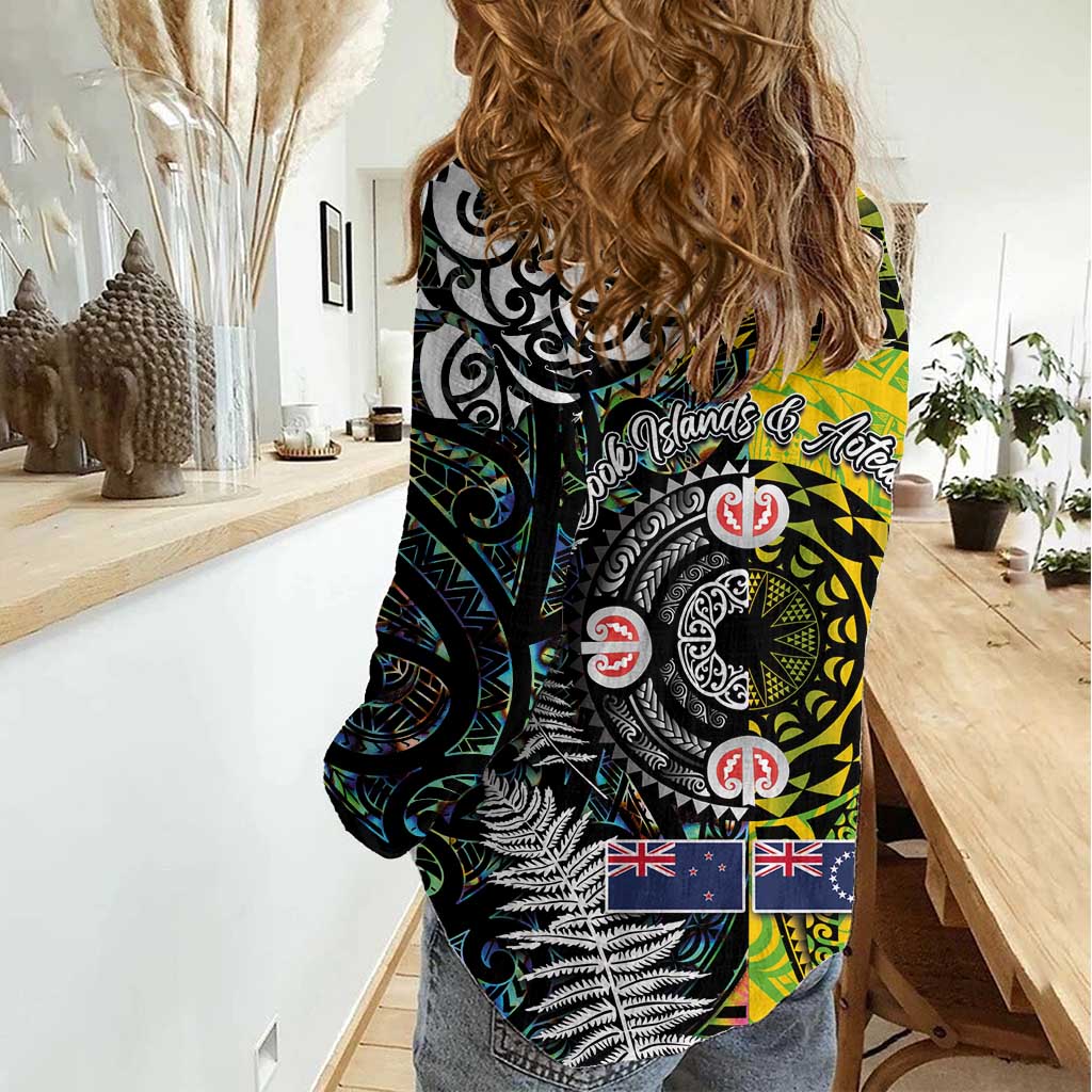 New Zealand and Cook Islands Together Women Casual Shirt Tatau Art Tribal Pattern-Maori Tattoo with Fern and Paua Shell