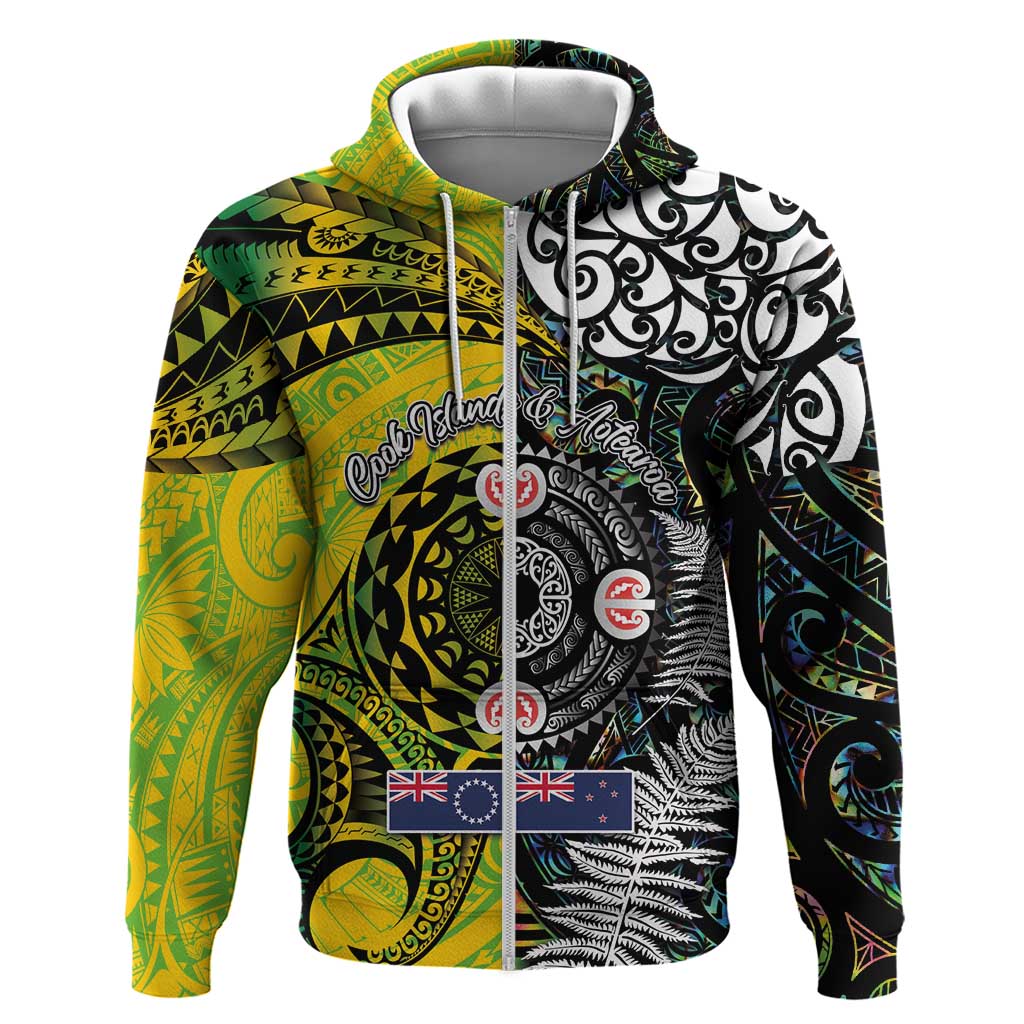 New Zealand and Cook Islands Together Zip Hoodie Tatau Art Tribal Pattern-Maori Tattoo with Fern and Paua Shell