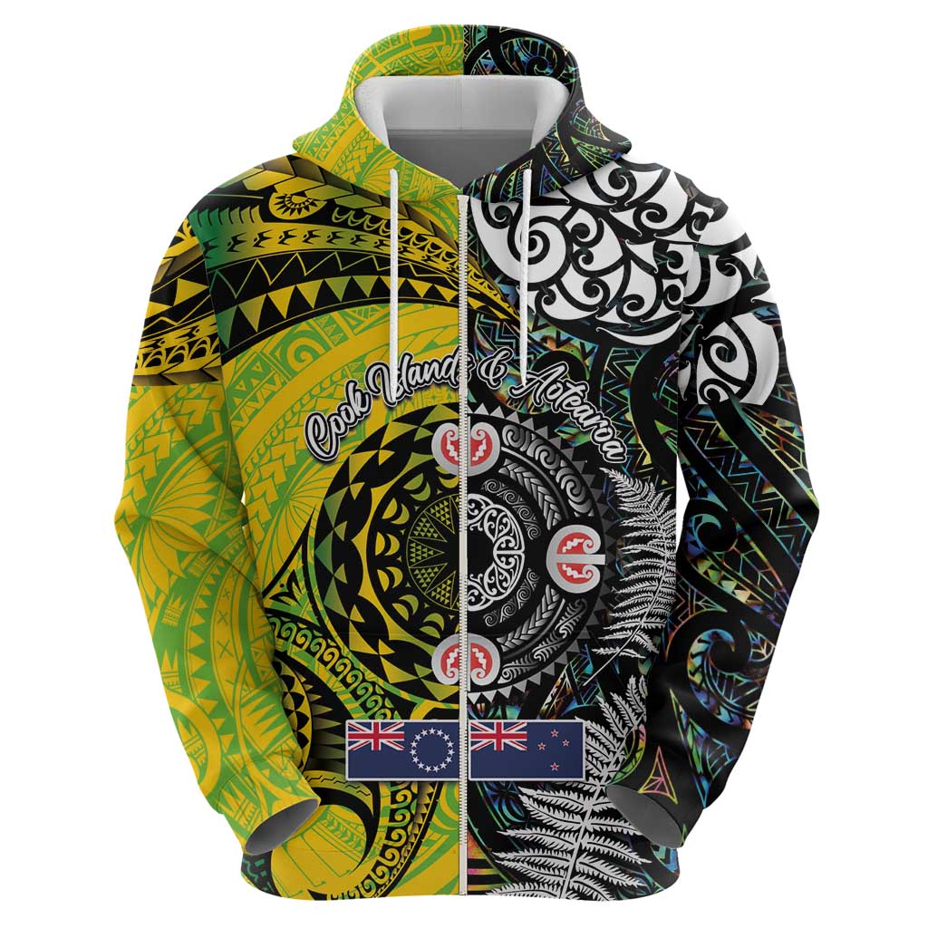 New Zealand and Cook Islands Together Zip Hoodie Tatau Art Tribal Pattern-Maori Tattoo with Fern and Paua Shell