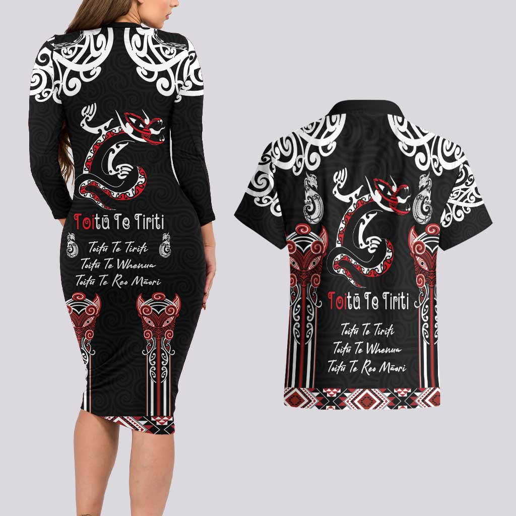 Aotearoa Toitu Te Tiriti-Maori Taniwha Couples Matching Long Sleeve Bodycon Dress and Hawaiian Shirt Toitu Te Whenua Toitu Te Reo Maori