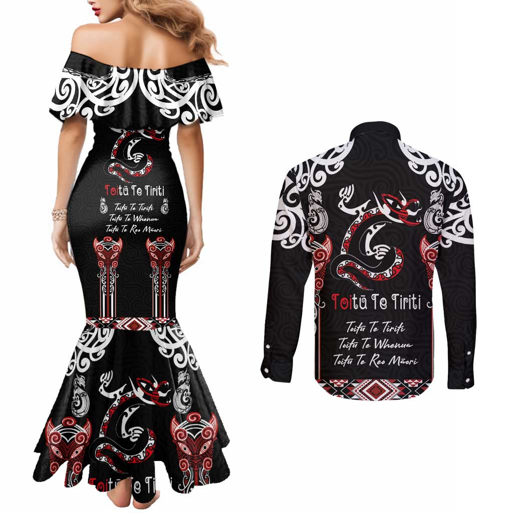 Aotearoa Toitu Te Tiriti-Maori Taniwha Couples Matching Mermaid Dress and Long Sleeve Button Shirt Toitu Te Whenua Toitu Te Reo Maori