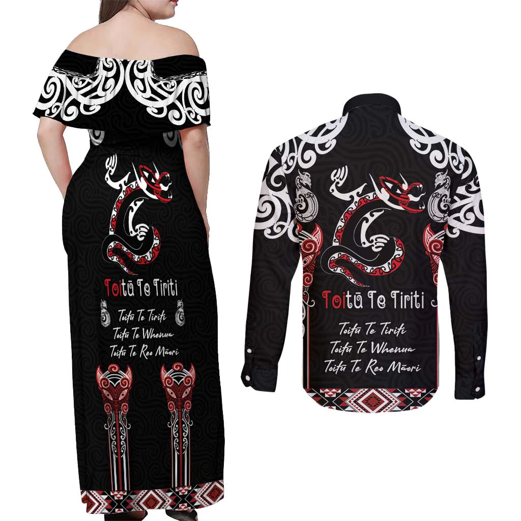 Aotearoa Toitu Te Tiriti-Maori Taniwha Couples Matching Off Shoulder Maxi Dress and Long Sleeve Button Shirt Toitu Te Whenua Toitu Te Reo Maori