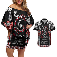 Aotearoa Toitu Te Tiriti-Maori Taniwha Couples Matching Off Shoulder Short Dress and Hawaiian Shirt Toitu Te Whenua Toitu Te Reo Maori