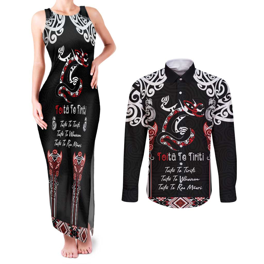 Aotearoa Toitu Te Tiriti-Maori Taniwha Couples Matching Tank Maxi Dress and Long Sleeve Button Shirt Toitu Te Whenua Toitu Te Reo Maori