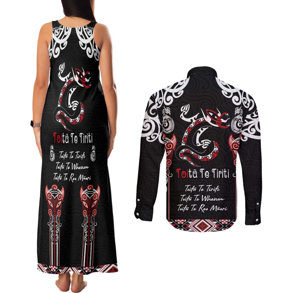 Aotearoa Toitu Te Tiriti-Maori Taniwha Couples Matching Tank Maxi Dress and Long Sleeve Button Shirt Toitu Te Whenua Toitu Te Reo Maori