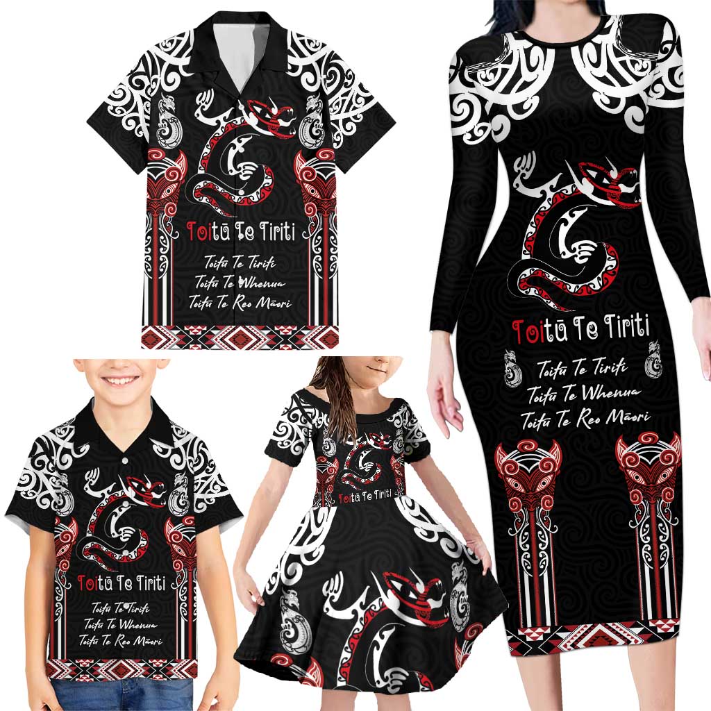 Aotearoa Toitu Te Tiriti-Maori Taniwha Family Matching Long Sleeve Bodycon Dress and Hawaiian Shirt Toitu Te Whenua Toitu Te Reo Maori