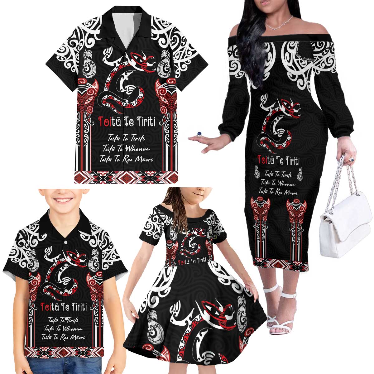 Aotearoa Toitu Te Tiriti-Maori Taniwha Family Matching Off The Shoulder Long Sleeve Dress and Hawaiian Shirt Toitu Te Whenua Toitu Te Reo Maori