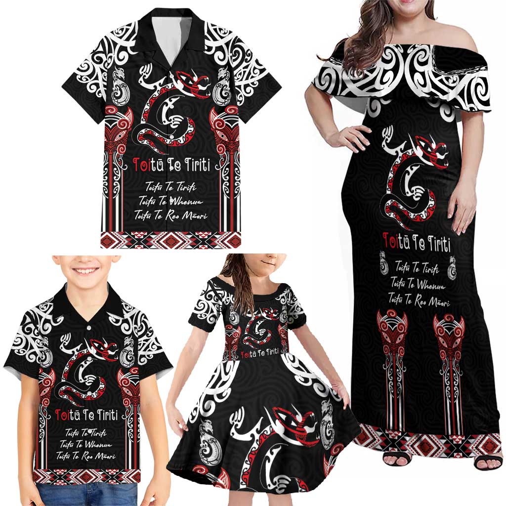 Aotearoa Toitu Te Tiriti-Maori Taniwha Family Matching Off Shoulder Maxi Dress and Hawaiian Shirt Toitu Te Whenua Toitu Te Reo Maori