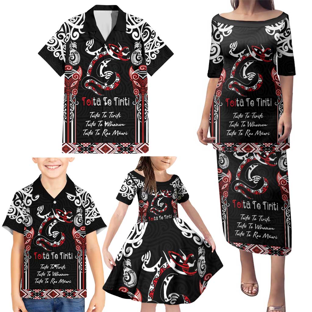 Aotearoa Toitu Te Tiriti-Maori Taniwha Family Matching Puletasi and Hawaiian Shirt Toitu Te Whenua Toitu Te Reo Maori