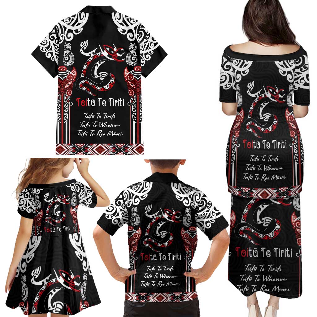 Aotearoa Toitu Te Tiriti-Maori Taniwha Family Matching Puletasi and Hawaiian Shirt Toitu Te Whenua Toitu Te Reo Maori