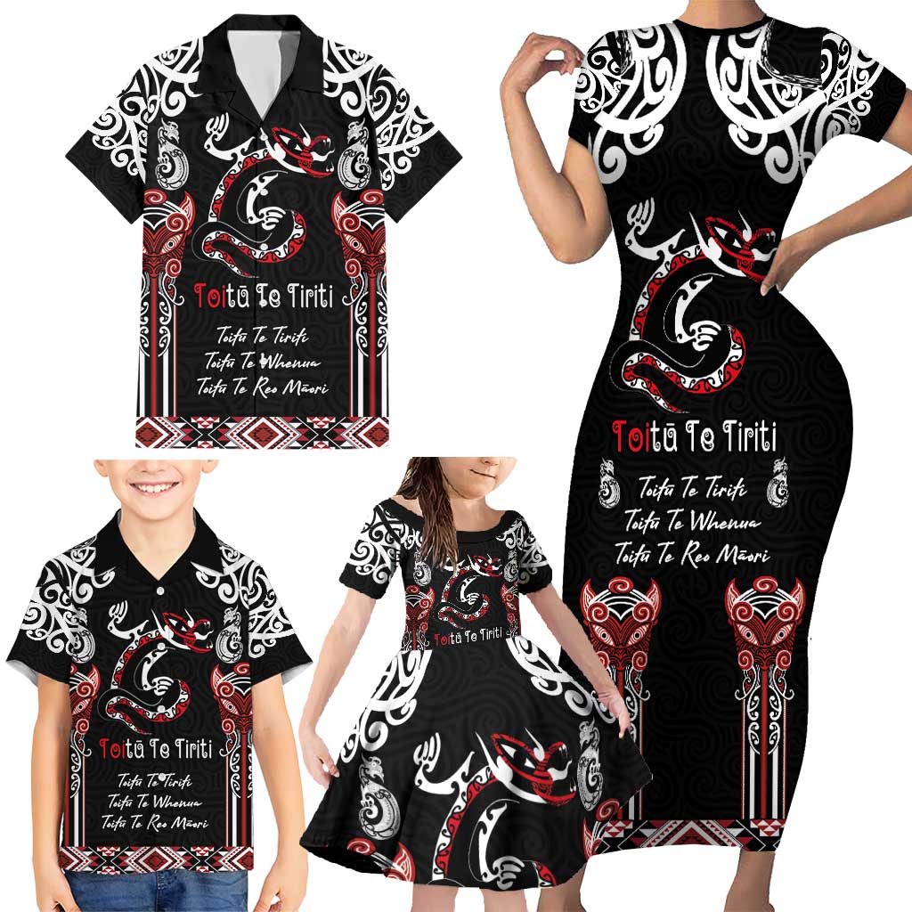 Aotearoa Toitu Te Tiriti-Maori Taniwha Family Matching Short Sleeve Bodycon Dress and Hawaiian Shirt Toitu Te Whenua Toitu Te Reo Maori