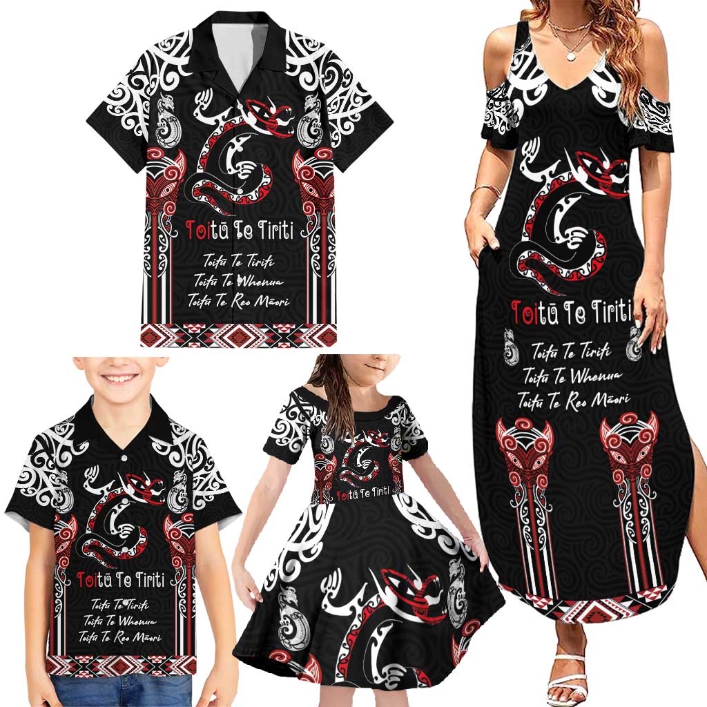 Aotearoa Toitu Te Tiriti-Maori Taniwha Family Matching Summer Maxi Dress and Hawaiian Shirt Toitu Te Whenua Toitu Te Reo Maori