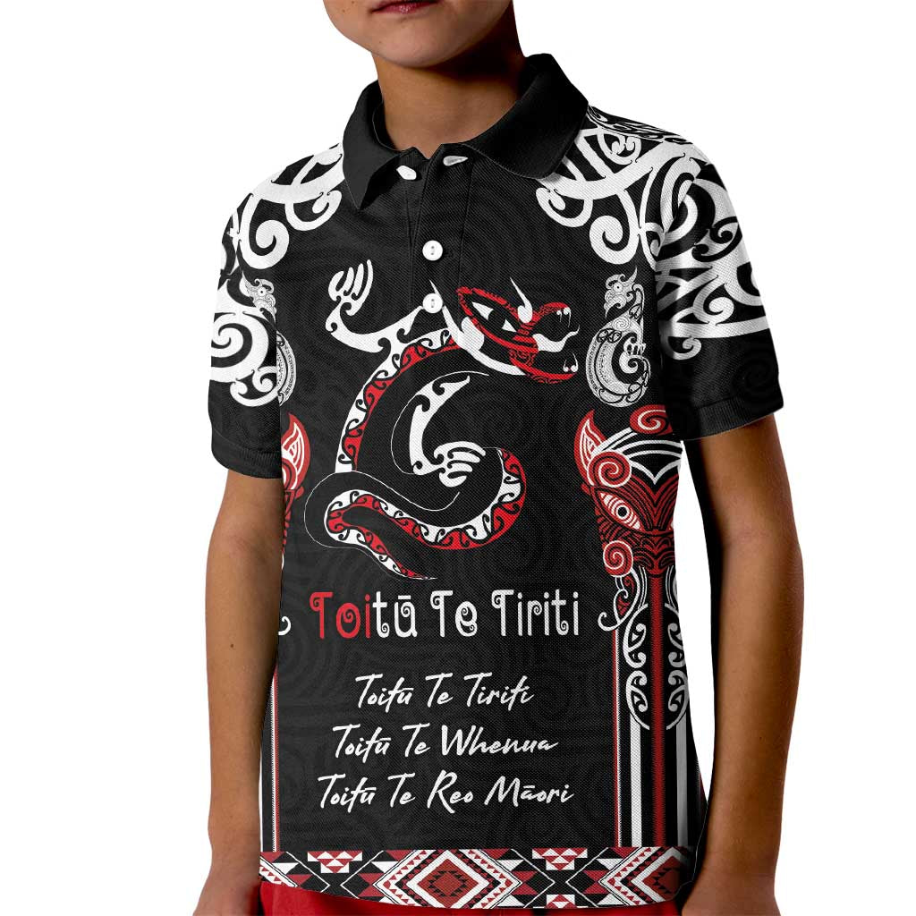 Aotearoa Toitu Te Tiriti-Maori Taniwha Kid Polo Shirt Toitu Te Whenua Toitu Te Reo Maori