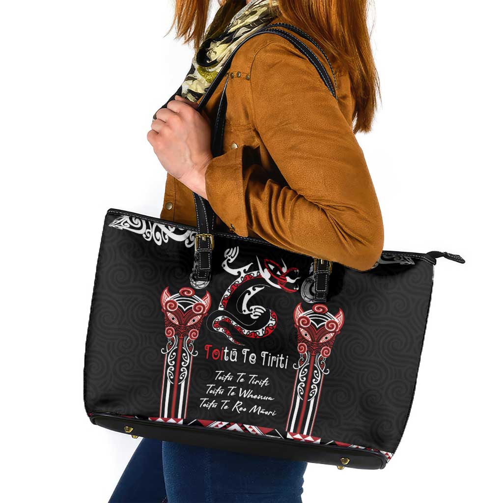 Aotearoa Toitu Te Tiriti-Maori Taniwha Leather Tote Bag Toitu Te Whenua Toitu Te Reo Maori