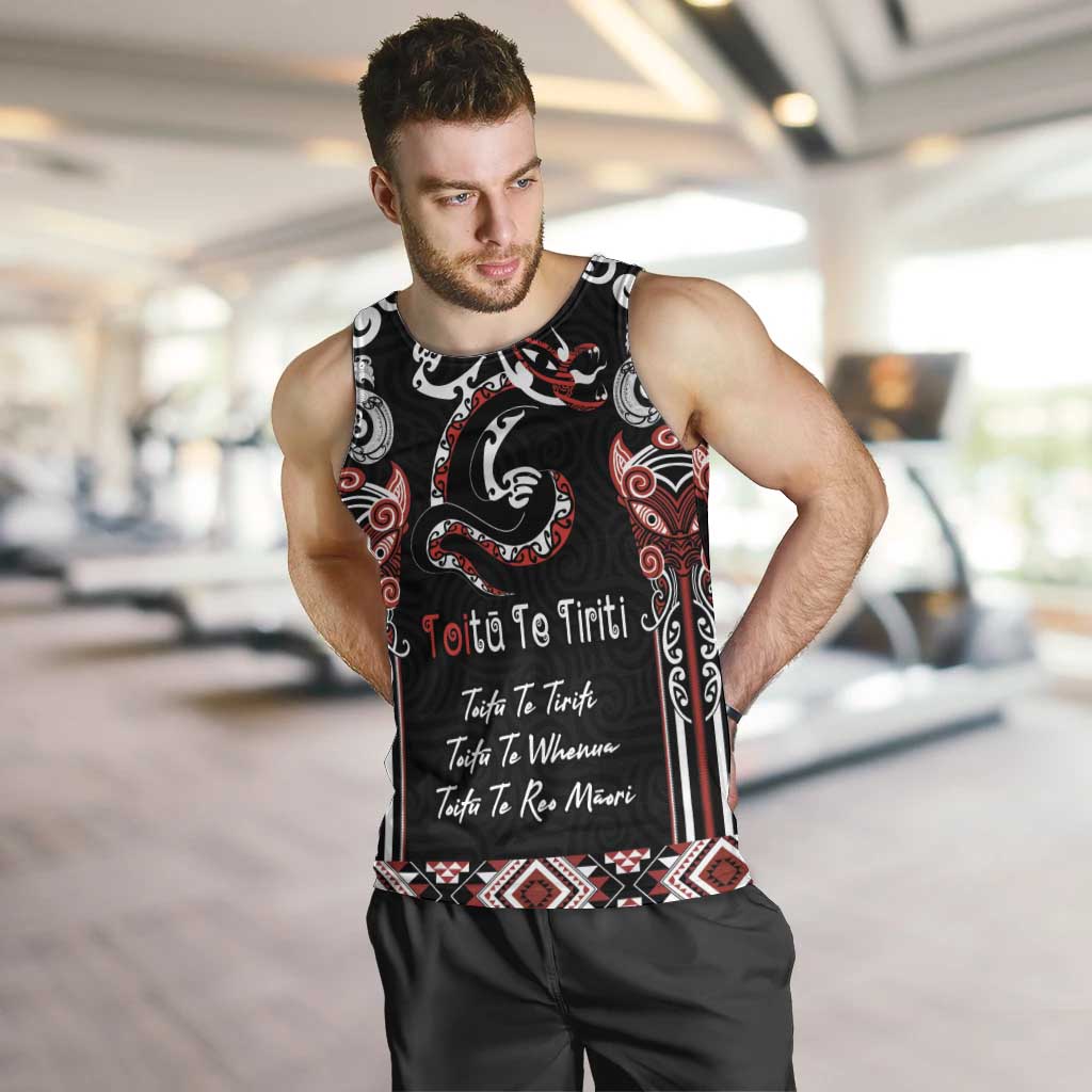 Aotearoa Toitu Te Tiriti-Maori Taniwha Men Tank Top Toitu Te Whenua Toitu Te Reo Maori LT03 Black - Polynesian Pride