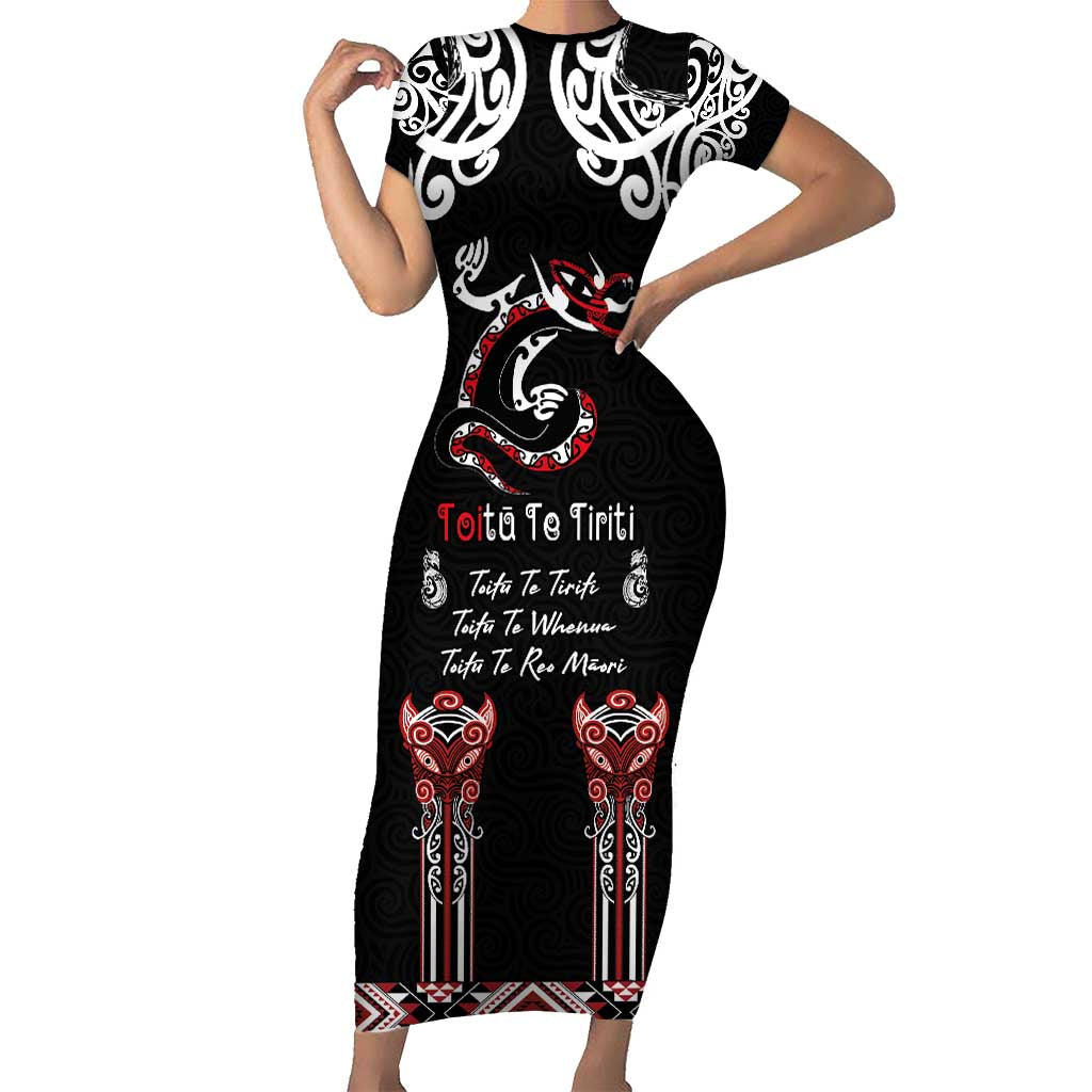 Aotearoa Toitu Te Tiriti-Maori Taniwha Short Sleeve Bodycon Dress Toitu Te Whenua Toitu Te Reo Maori