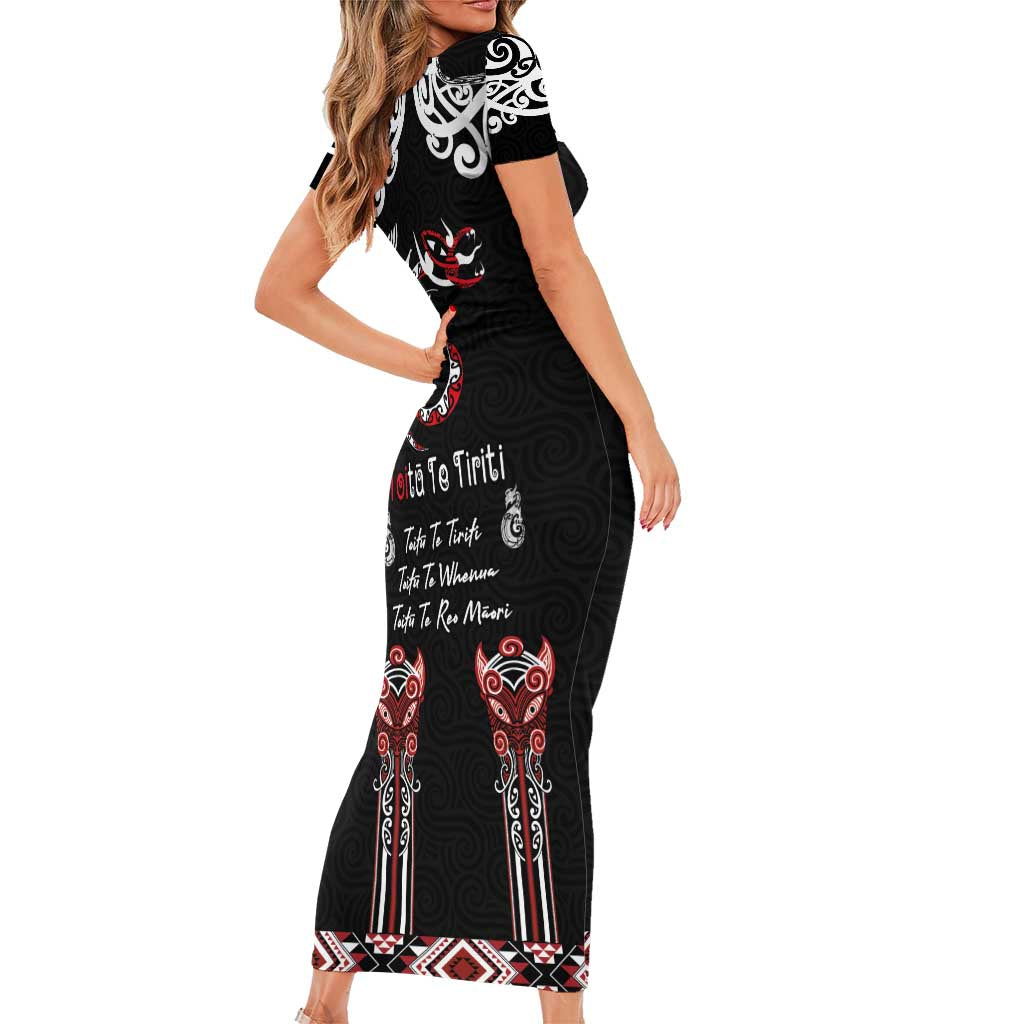 Aotearoa Toitu Te Tiriti-Maori Taniwha Short Sleeve Bodycon Dress Toitu Te Whenua Toitu Te Reo Maori