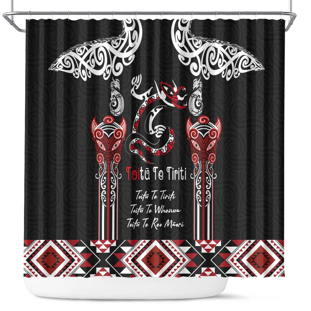 Aotearoa Toitu Te Tiriti-Maori Taniwha Shower Curtain Toitu Te Whenua Toitu Te Reo Maori