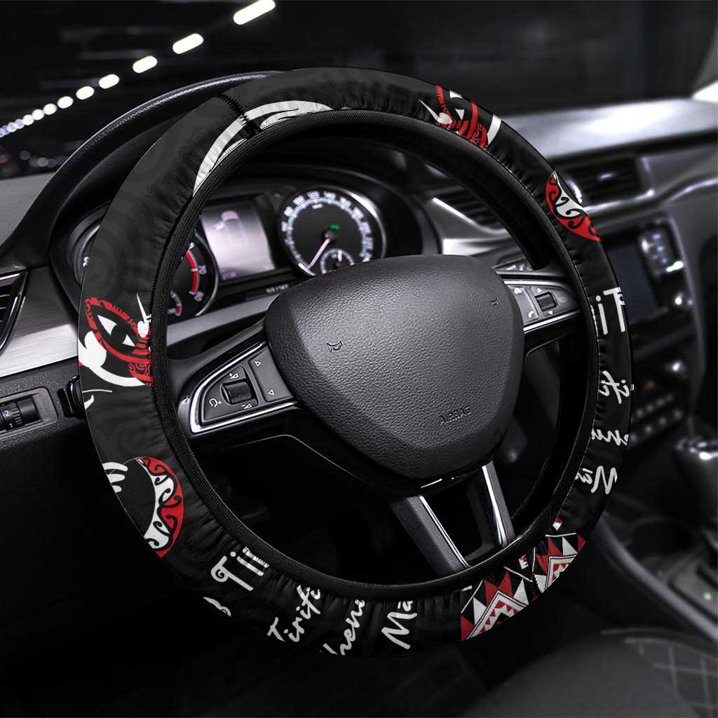 Aotearoa Toitu Te Tiriti-Maori Taniwha Steering Wheel Cover Toitu Te Whenua Toitu Te Reo Maori LT03 Universal Fit Black - Polynesian Pride