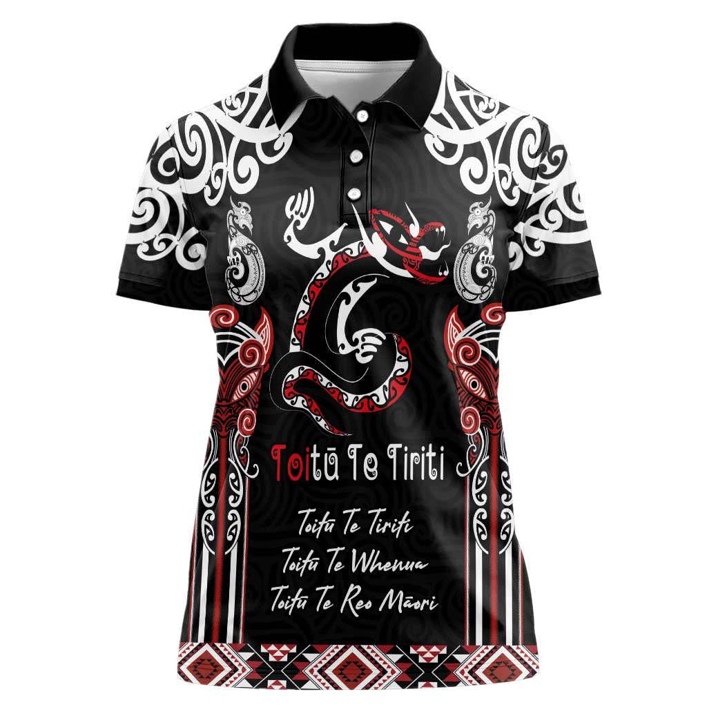 Aotearoa Toitu Te Tiriti-Maori Taniwha Women Polo Shirt Toitu Te Whenua Toitu Te Reo Maori