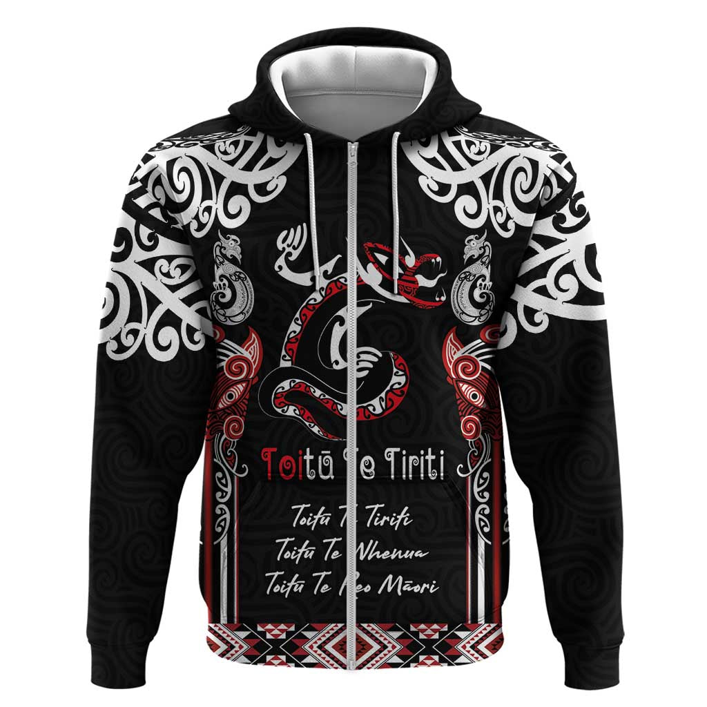 Aotearoa Toitu Te Tiriti-Maori Taniwha Zip Hoodie Toitu Te Whenua Toitu Te Reo Maori