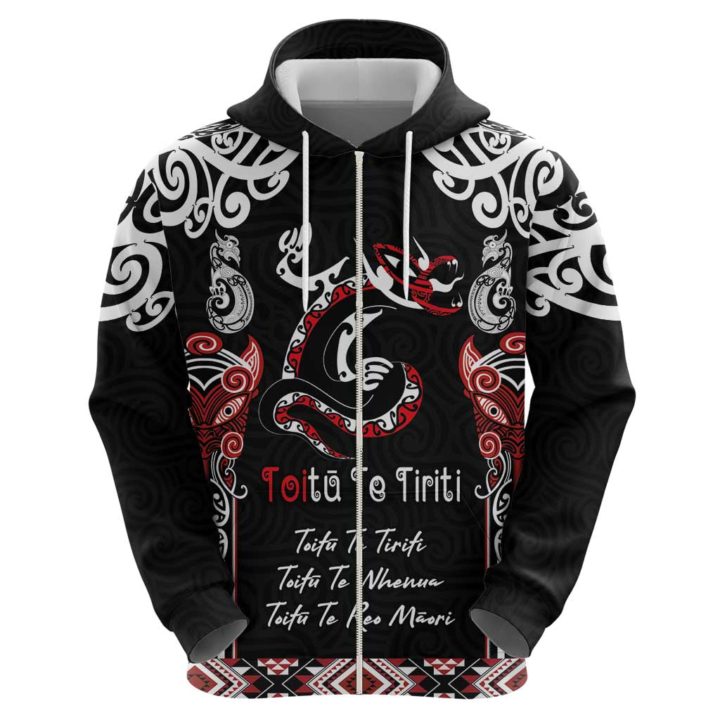 Aotearoa Toitu Te Tiriti-Maori Taniwha Zip Hoodie Toitu Te Whenua Toitu Te Reo Maori