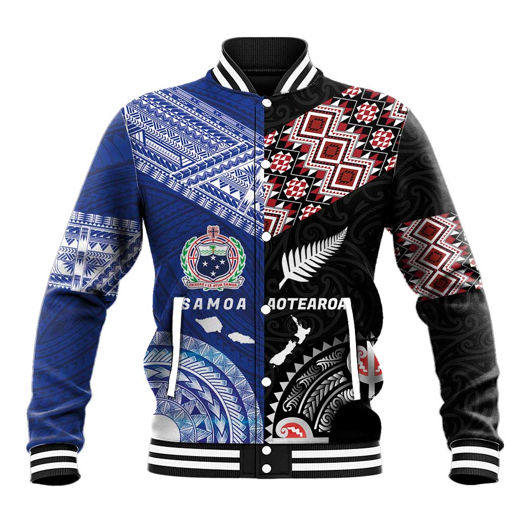 Personalised Aotearoa and Samoa Together Baseball Jacket Tatau Art Tattoos-Taniko and Tukutuku with Maori Pattern LT03 Unisex Black - Polynesian Pride