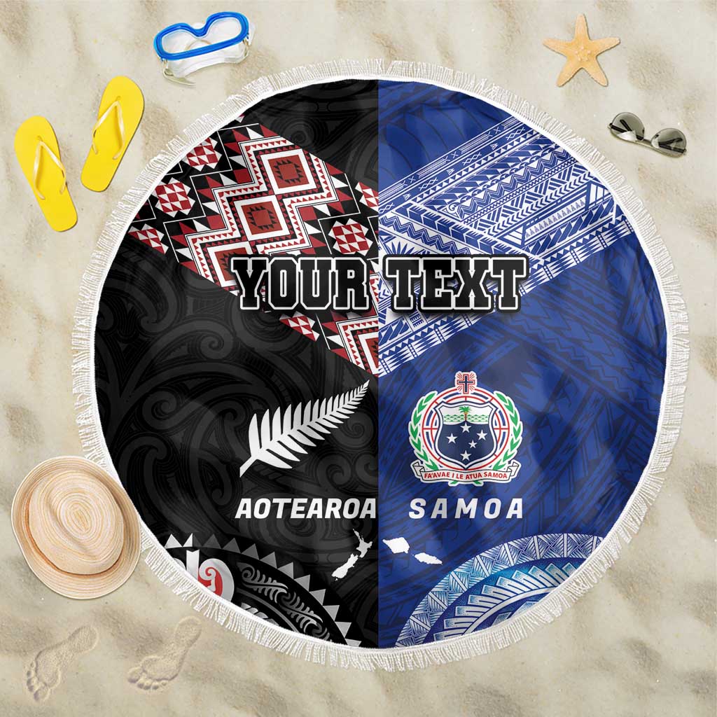 Personalised Aotearoa and Samoa Together Beach Blanket Tatau Art Tattoos-Taniko and Tukutuku with Maori Pattern LT03 One Size 150cm Black - Polynesian Pride