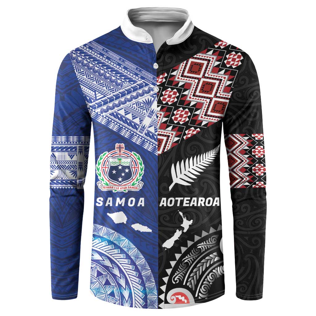 Personalised Aotearoa and Samoa Together Button Sweatshirt Tatau Art Tattoos-Taniko and Tukutuku with Maori Pattern LT03 Black - Polynesian Pride
